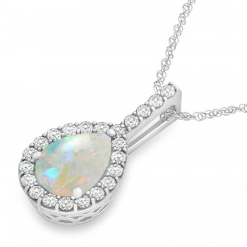 Pear Shape Diamond & Opal Halo Pendant 14k White Gold 2.20ct