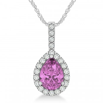 Pear Shape Diamond & Pink Sapphire Halo Pendant 14k White Gold 2.20ct