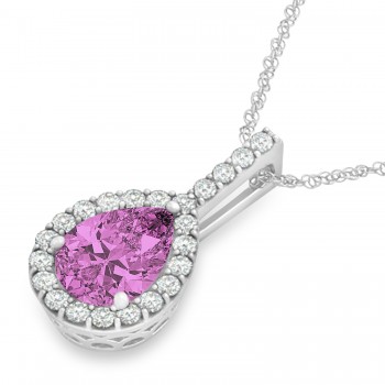 Pear Shape Diamond & Pink Sapphire Halo Pendant 14k White Gold 2.20ct