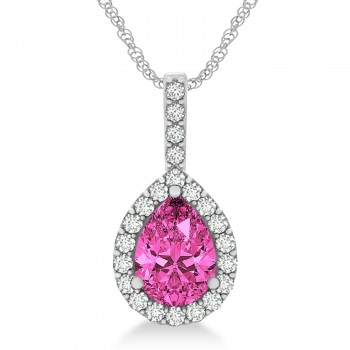 Pear Shape Diamond & Pink Tourmaline Halo Pendant 14k White Gold 2.20ct