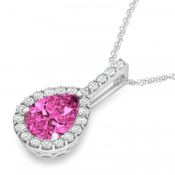 Pear Shape Diamond & Pink Tourmaline Halo Pendant 14k White Gold 2.20ct