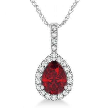 Pear Shape Diamond & Ruby Halo Pendant 14k White Gold 2.20ct