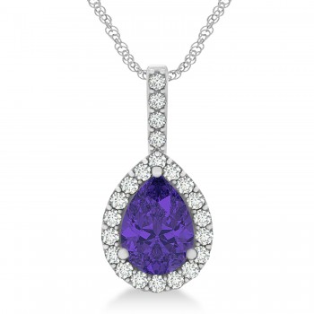 Pear Shape Diamond & Tanzanite Halo Pendant 14k White Gold 2.20ct