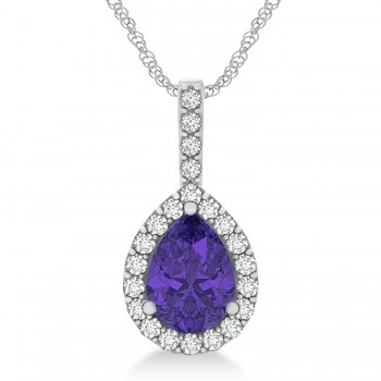 Pear Shape Diamond & Tanzanite Halo Pendant 14k White Gold 2.20ct