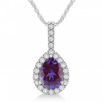 Pear Shape Diamond & Lab Alexandrite Halo Pendant 14k White Gold 1.25ct