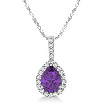 Pear Shape Diamond & Amethyst Halo Pendant 14k White Gold 1.25ct