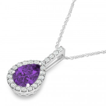 Pear Shape Diamond & Amethyst Halo Pendant 14k White Gold 1.25ct