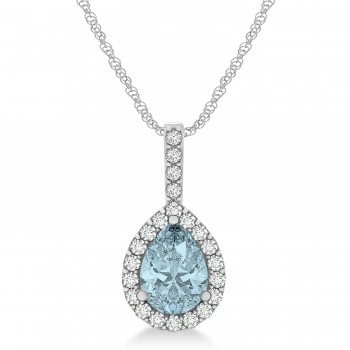 Pear Shape Diamond & Aquamarine Halo Pendant 14k White Gold 1.25ct