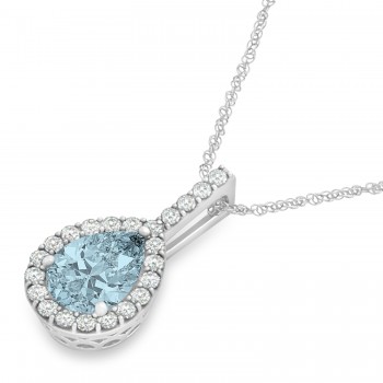 Pear Shape Diamond & Aquamarine Halo Pendant 14k White Gold 1.25ct