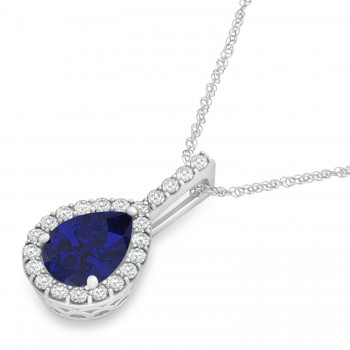 Pear Shape Diamond & Blue Sapphire Halo Pendant 14k White Gold 1.25ct