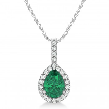 Pear Shape Diamond & Emerald Halo Pendant 14k White Gold 1.25ct