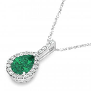 Pear Shape Diamond & Emerald Halo Pendant 14k White Gold 1.25ct