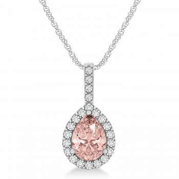 Pear Shape Diamond & Morganite Halo Pendant 14k White Gold 1.25ct