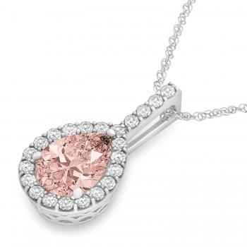 Pear Shape Diamond & Morganite Halo Pendant 14k White Gold 1.25ct