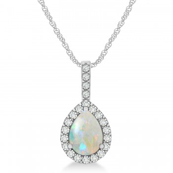 Pear Shape Diamond & Opal Halo Pendant 14k White Gold 1.25ct