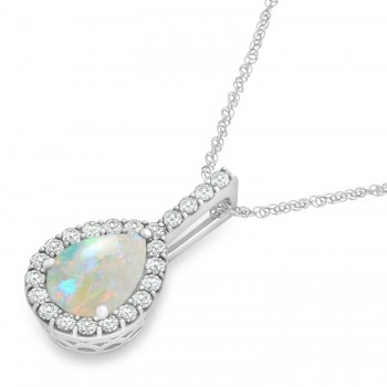 Pear Shape Diamond & Opal Halo Pendant 14k White Gold 1.25ct