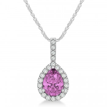 Pear Shape Diamond & Pink Sapphire Halo Pendant 14k White Gold 1.25ct