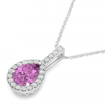 Pear Shape Diamond & Pink Sapphire Halo Pendant 14k White Gold 1.25ct