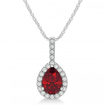 Pear Shape Diamond & Ruby Halo Pendant 14k White Gold 1.25ct