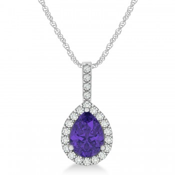 Pear Shape Diamond & Tanzanite Halo Pendant 14k White Gold 1.25ct