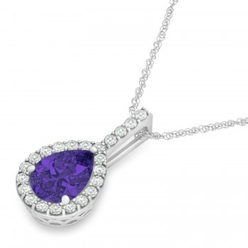 Pear Shape Diamond & Tanzanite Halo Pendant 14k White Gold 1.25ct