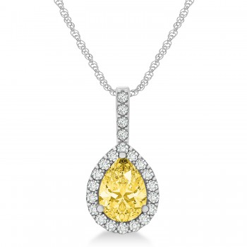 Pear Shape Diamond & Yellow Sapphire Halo Pendant 14k White Gold 1.25ct