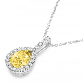 Pear Shape Diamond & Yellow Sapphire Halo Pendant 14k White Gold 1.25ct