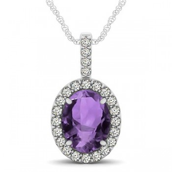 Amethyst & Diamond Halo Oval Pendant Necklace 14k White Gold (2.62ct)