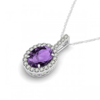 Amethyst & Diamond Halo Oval Pendant Necklace 14k White Gold (2.62ct)