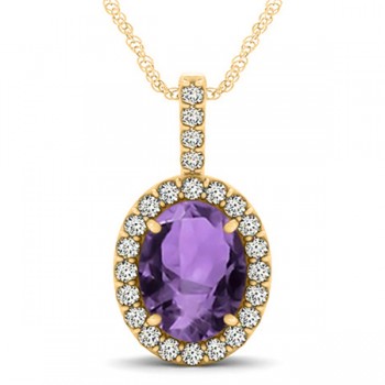 Amethyst & Diamond Halo Oval Pendant Necklace 14k Yellow Gold (2.62ct)