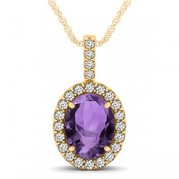 Amethyst & Diamond Halo Oval Pendant Necklace 14k Yellow Gold (2.62ct)