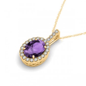 Amethyst & Diamond Halo Oval Pendant Necklace 14k Yellow Gold (2.62ct)