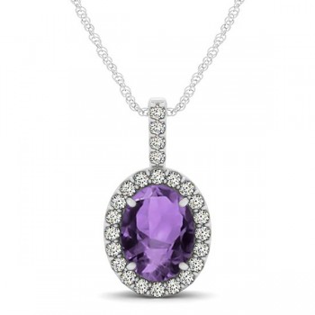 Amethyst & Diamond Halo Oval Pendant Necklace 14k White Gold (1.02ct)