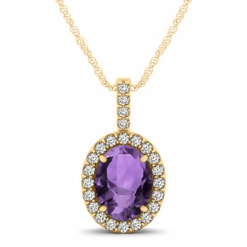 Amethyst & Diamond Halo Oval Pendant Necklace 14k Yellow Gold (1.02ct)