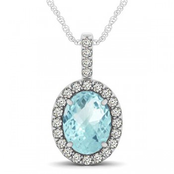 Aquamarine & Diamond Halo Oval Pendant Necklace 14k White Gold (2.47ct)