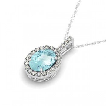 Aquamarine & Diamond Halo Oval Pendant Necklace 14k White Gold (2.47ct)