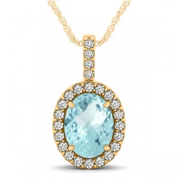 Aquamarine & Diamond Halo Oval Pendant Necklace 14k Yellow Gold (2.47ct)