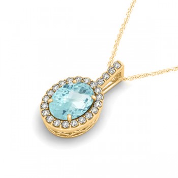 Aquamarine & Diamond Halo Oval Pendant Necklace 14k Yellow Gold (2.47ct)