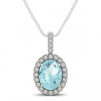 Aquamarine & Diamond Halo Oval Pendant Necklace 14k White Gold (0.92ct)
