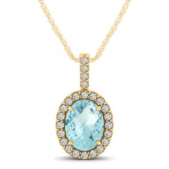 Aquamarine & Diamond Halo Oval Pendant Necklace 14k Yellow Gold (0.92ct)