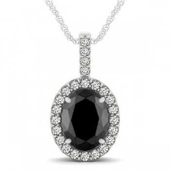 Black Diamond & Diamond Halo Oval Pendant Necklace 14k White Gold (2.76ct)