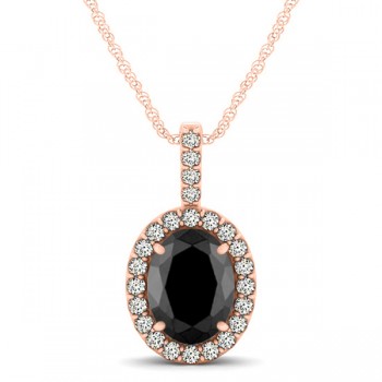 Black Diamond & Diamond Halo Oval Pendant Necklace 14k Rose Gold (0.93ct)