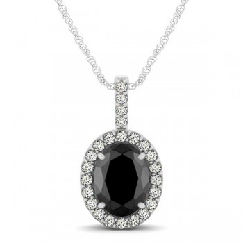 Black Diamond & Diamond Halo Oval Pendant Necklace 14k White Gold (0.93ct)