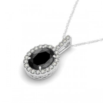 Black Diamond & Diamond Halo Oval Pendant Necklace 14k White Gold (0.93ct)