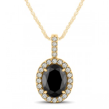 Black Diamond & Diamond Halo Oval Pendant Necklace 14k Yellow Gold (0.93ct)