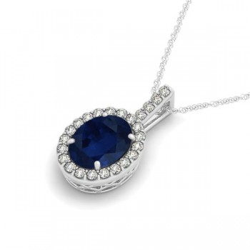 Blue Sapphire & Diamond Halo Oval Pendant Necklace 14k White Gold (3.37ct)