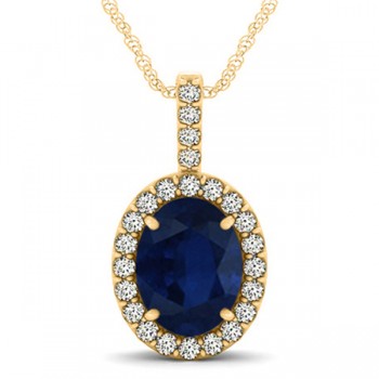 Blue Sapphire & Diamond Halo Oval Pendant Necklace 14k Yellow Gold (3.37ct)