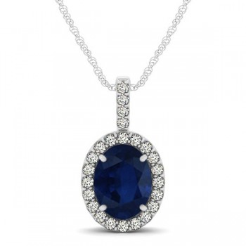 Blue Sapphire & Diamond Halo Oval Pendant Necklace 14k White Gold (1.17ct)