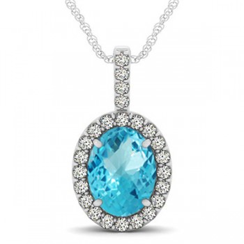 Blue Topaz & Diamond Halo Oval Pendant Necklace 14k White Gold (3.72ct)