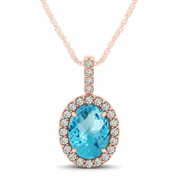 Blue Topaz & Diamond Halo Oval Pendant Necklace 14k Rose Gold (1.27ct)